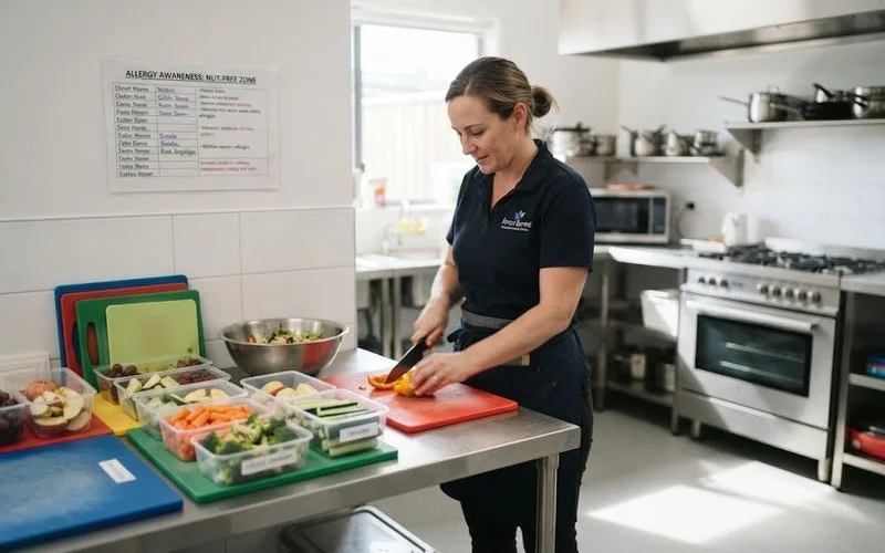 Chef preparing a labelled, allergy-safe meal in a childcare centre kitchen with ingredients set aside on a clean bench