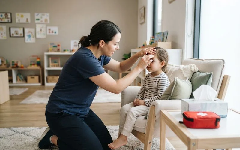 Parent checking a sick child's temperature with a thermometer at home before deciding whether to send them to childcare