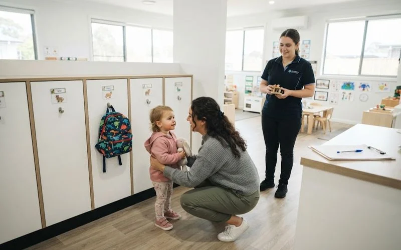 Educator kneeling down to greet a child and parent at the entrance of a childcare centre during morning drop-off
