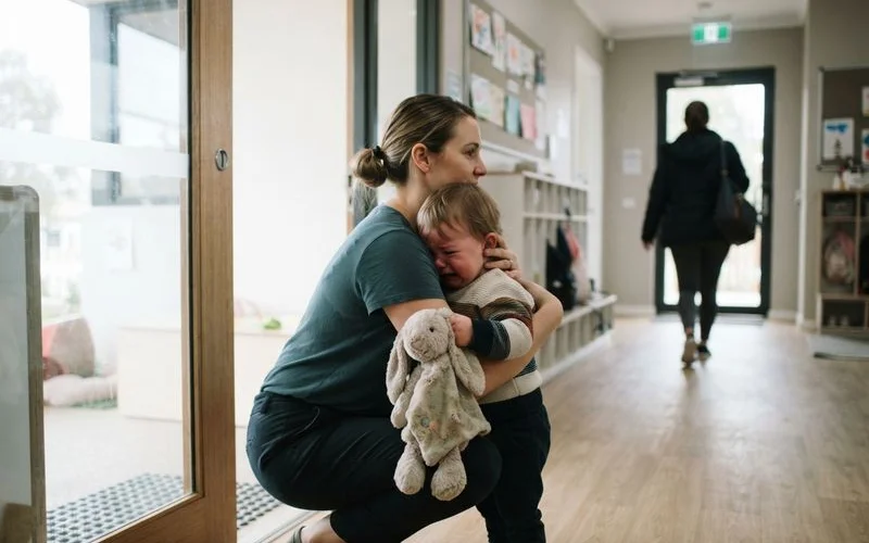 Educator comforting a young child with a gentle hand on their shoulder near a window at a childcare centre