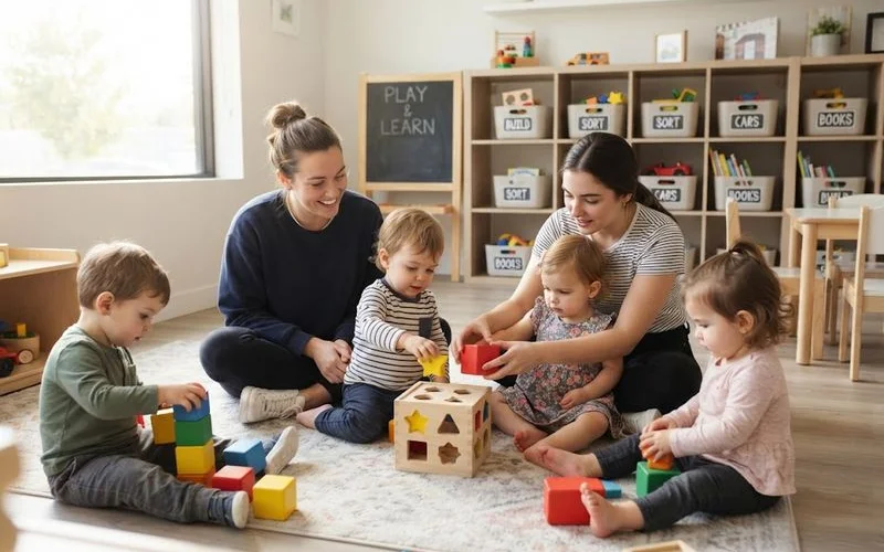 Educators supervising a small group of toddlers playing together on a soft mat in a bright classroom