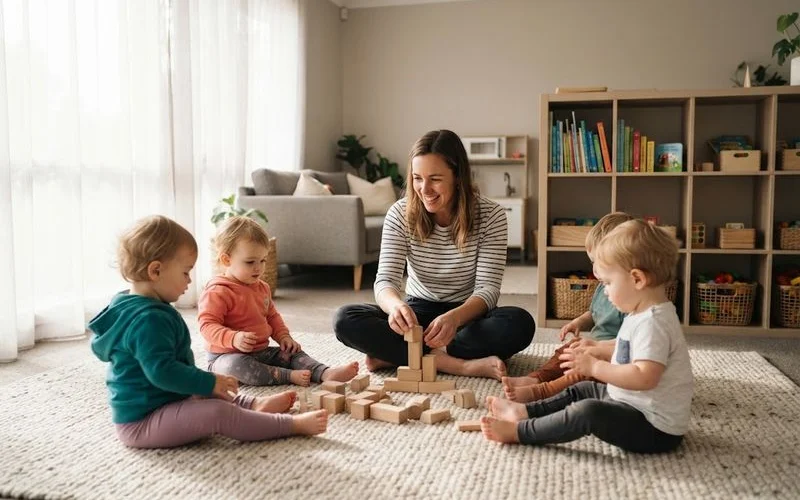 Toddler and educator sitting together at a small table doing a craft activity in a home-based family day care setting