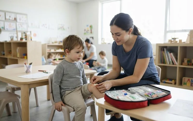 Educator applying a bandage to a young child's knee at a first aid station in a childcare centre
