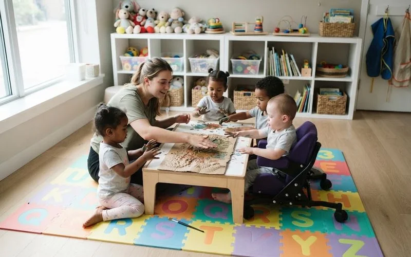 Educator sitting on the floor with two young children doing a hands-on sorting activity together in a bright classroom