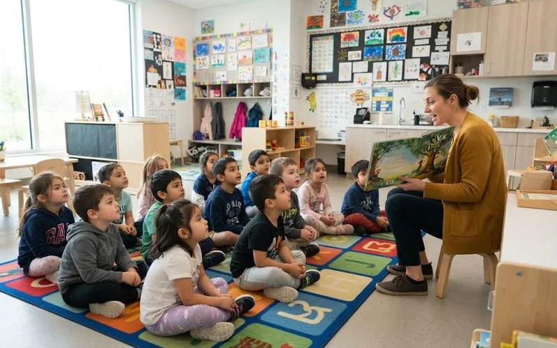 Young child sitting with an educator looking at a picture book together on the floor of a bright kindergarten classroom