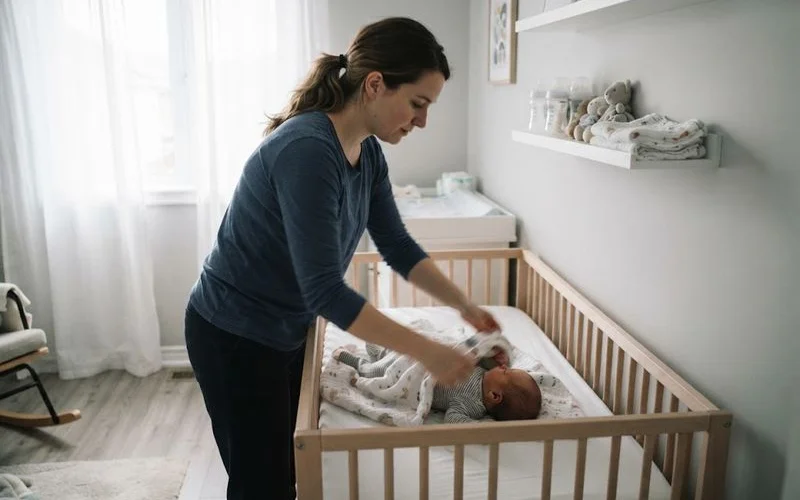 Educator gently rocking a young infant to sleep in a soft, quiet nursery room with dim lighting