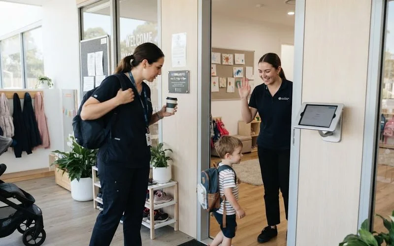 Parent checking a shift roster on a phone while getting a young child ready in the morning