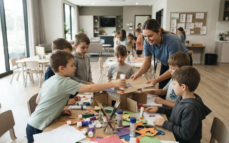 Group of school-age children doing an outdoor craft activity together during a school holiday vacation care program